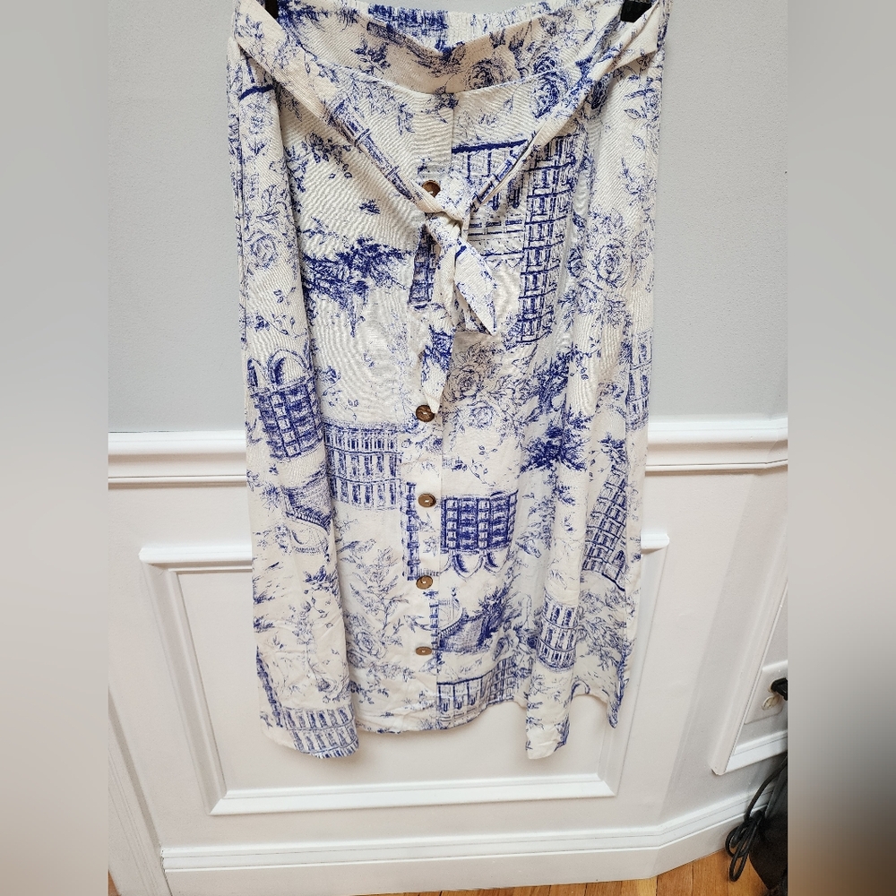 Blue and White A-Line Midi Skirt with Tie Front